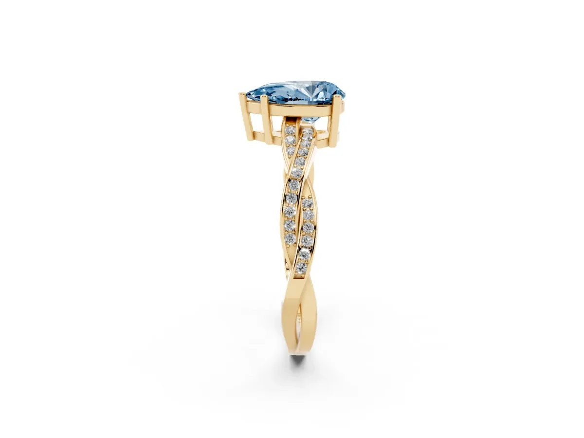 Fancy Blue Pear Cut Solitaire Twisted Pave Diamond Ring with Four-Prong Setting Yellow gold
