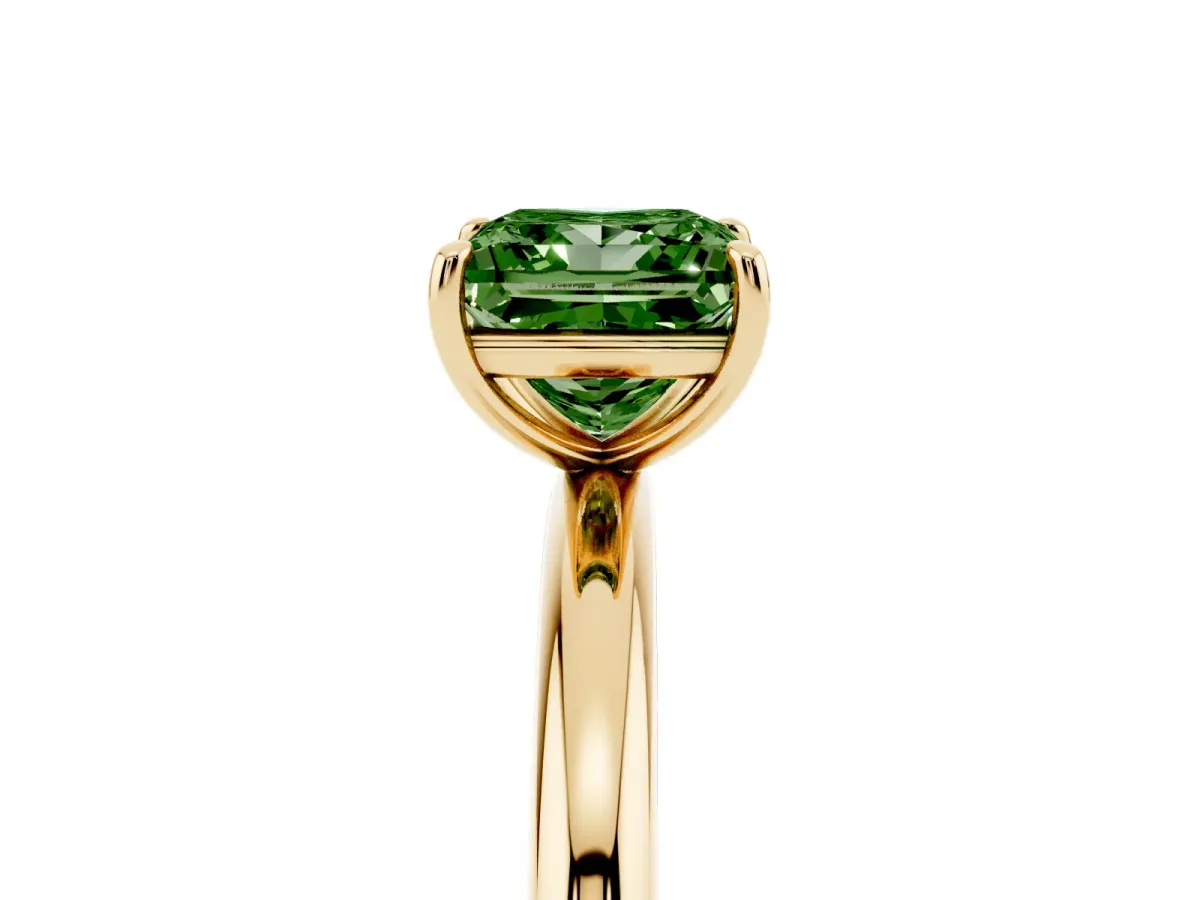Fancy Green Princess Cut Solitaire Diamond Ring with Four-Prong Setting on a Plain Band Yellow gold