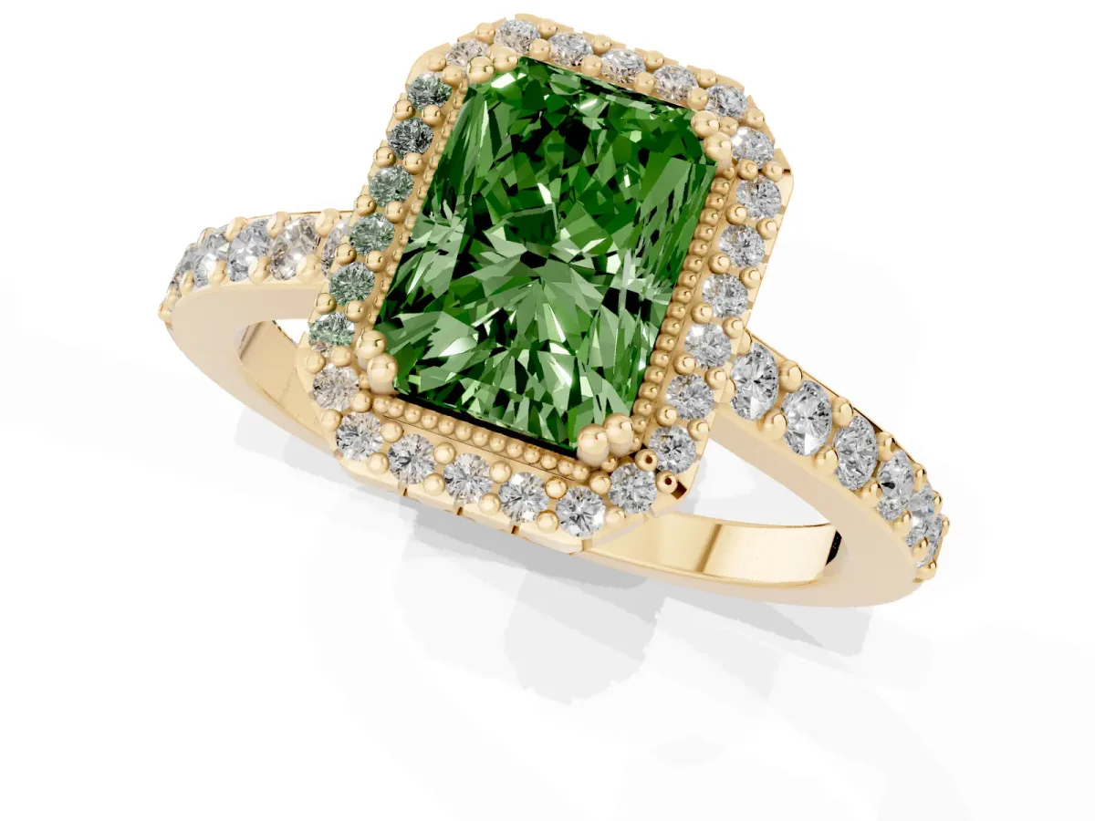 Fancy Green Radiant Cut Cut Diamond Halo Engagement Ring with Milgrain Detail and Pavé Band Yellow gold