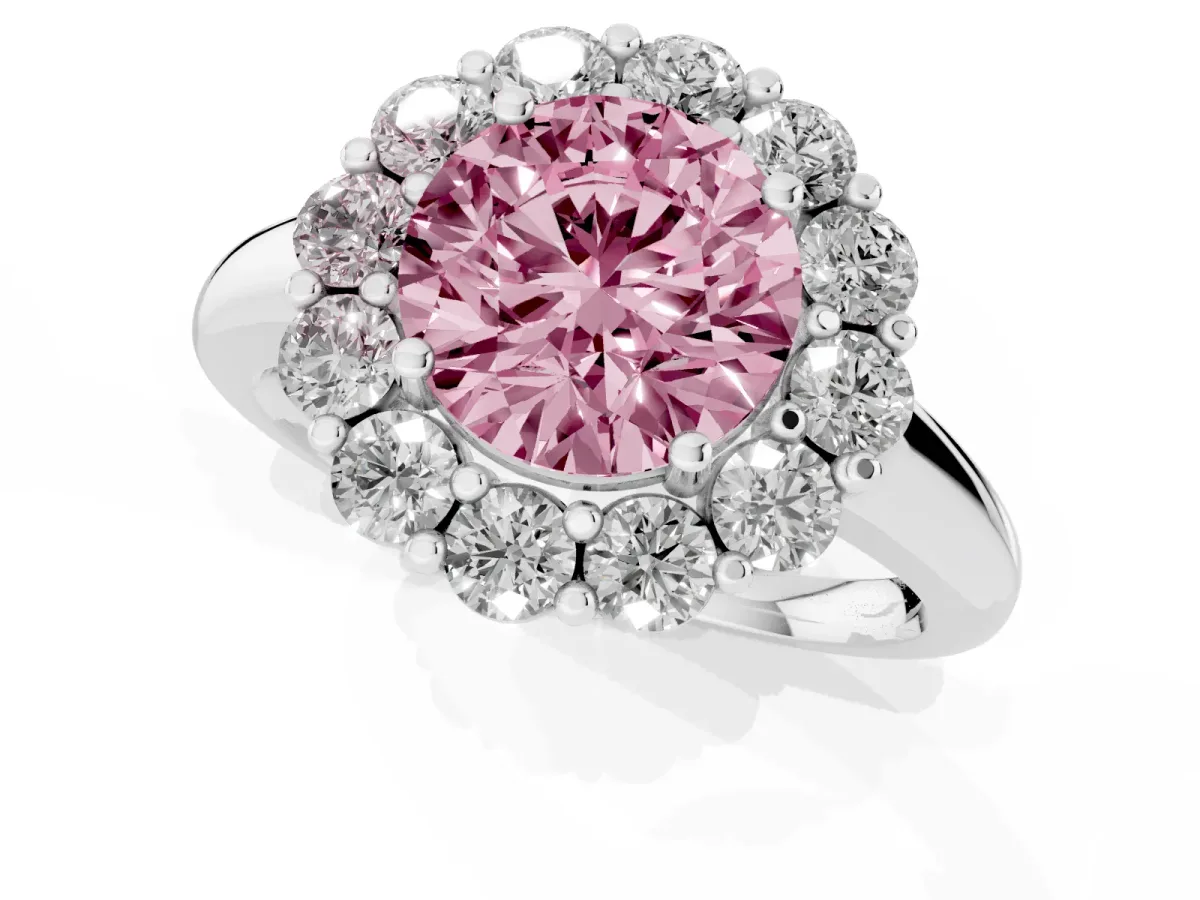 Fancy Pink Round Cut Halo Cluster Diamond Engagement Ring with Prong Setting and Polished Band White gold