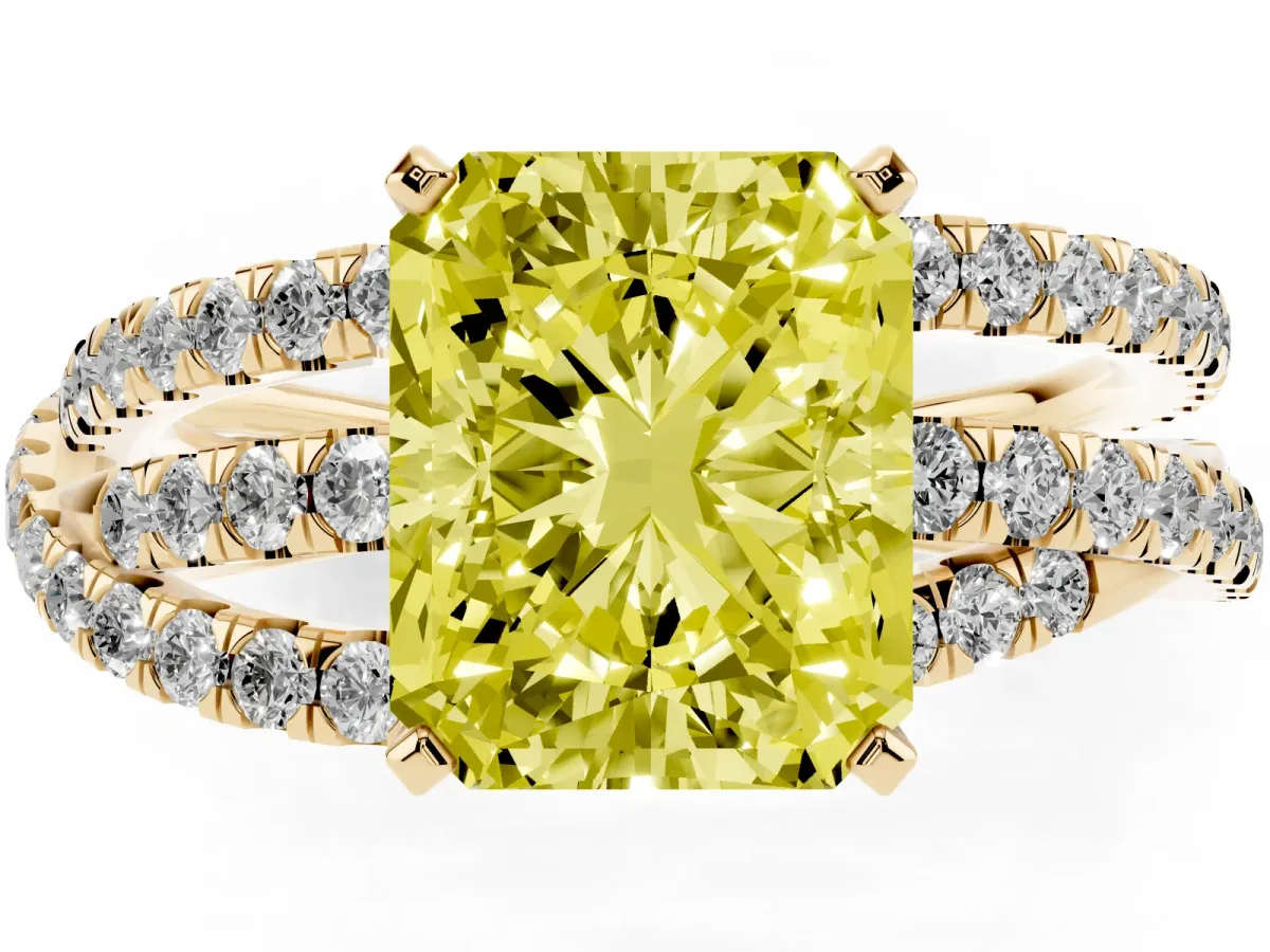 Fancy Yellow Radiant Cut Solitaire Twist Band with Pavé Setting and Four-Prong Setting Yellow gold