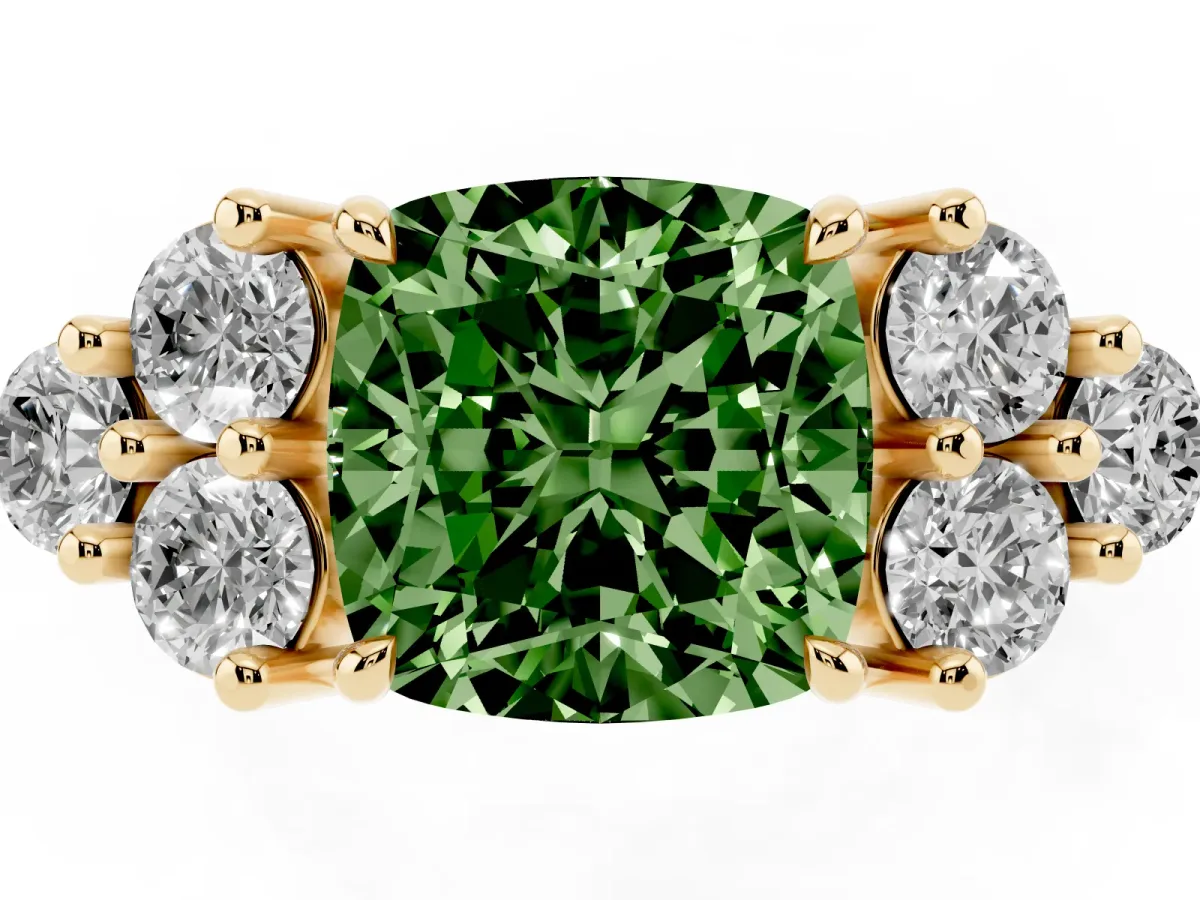 Fancy Green Cushion Cut Brilliant Diamond Cluster Accent Solitaire Ring with Prong Setting Yellow gold