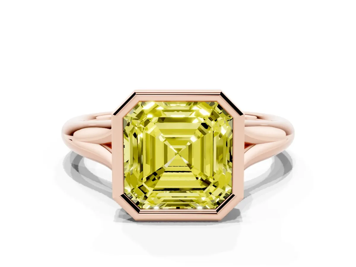Fancy Yellow Bezel Set Asscher Cut Solitaire Diamond Ring with Smooth Band Rose gold