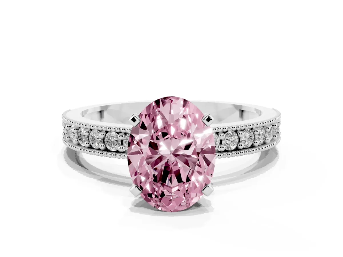 Fancy Pink Oval Cut Diamond Milgrain Pavé Engagement Ring with Four-Prong Setting Silver