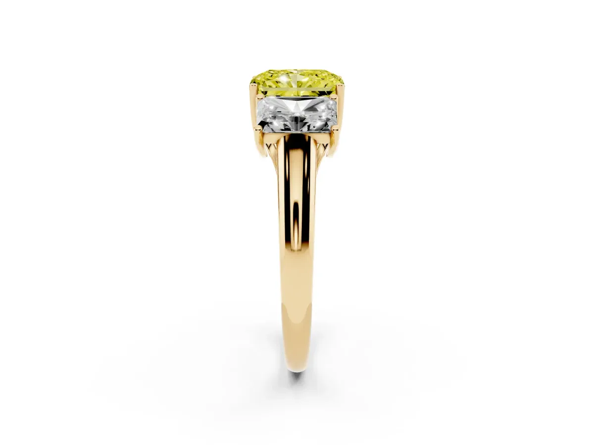 Fancy Yellow Three-Stone Radiant Cut Diamond Engagement Ring with Prong Setting Yellow gold