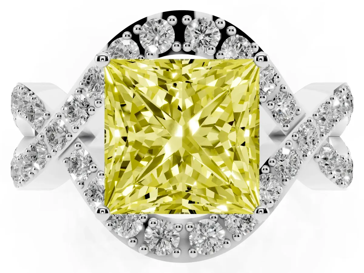 Fancy Yellow Princess Cut Solitaire Twist Band Pavé Diamond Engagement Ring Silver