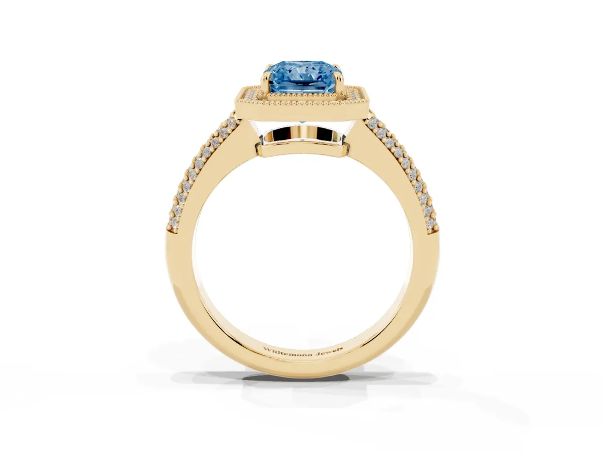 Fancy Blue Radiant Cut Cut Halo Diamond Pave Band with Four-Prong Setting Yellow gold