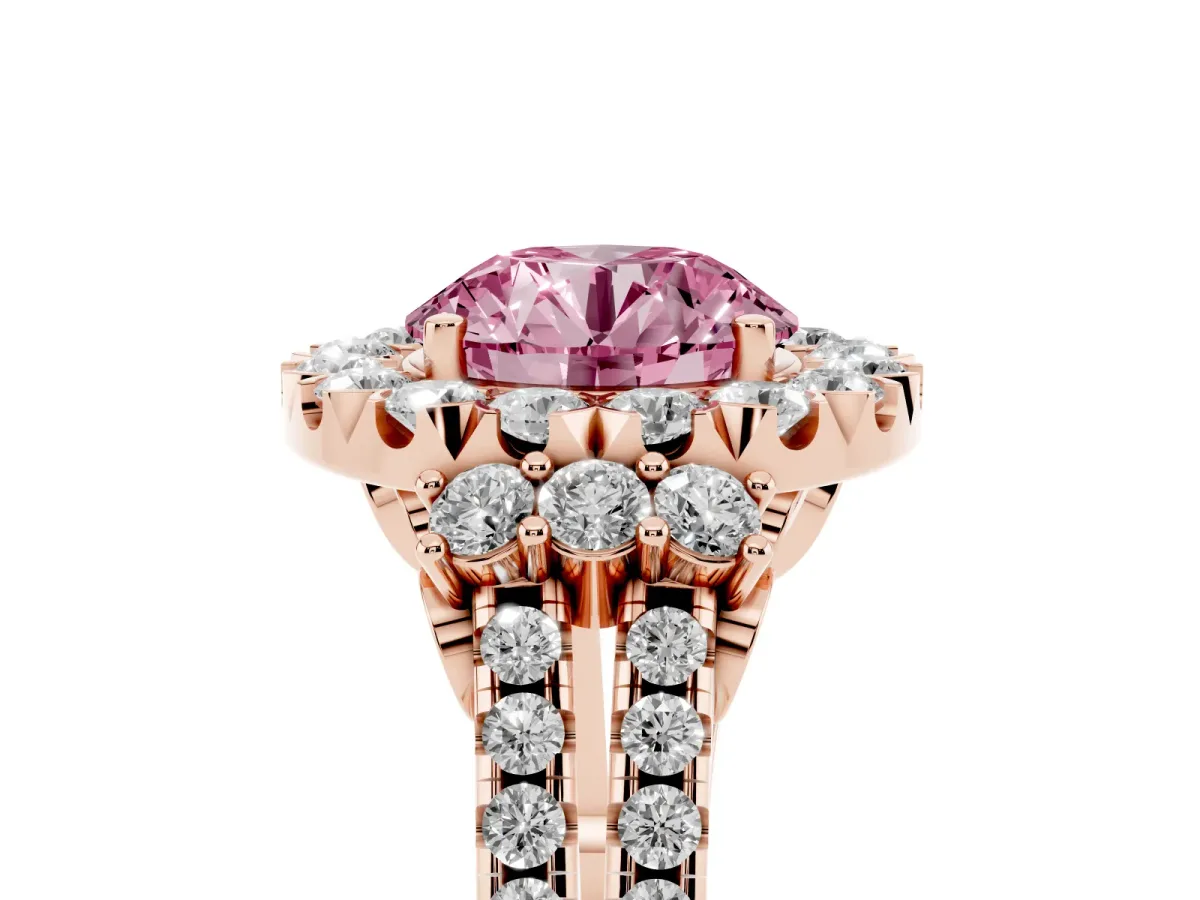 Fancy Pink Round Cut Cut Double Halo Diamond Engagement Ring with Pave Band and Four-Prong Setting Rose gold