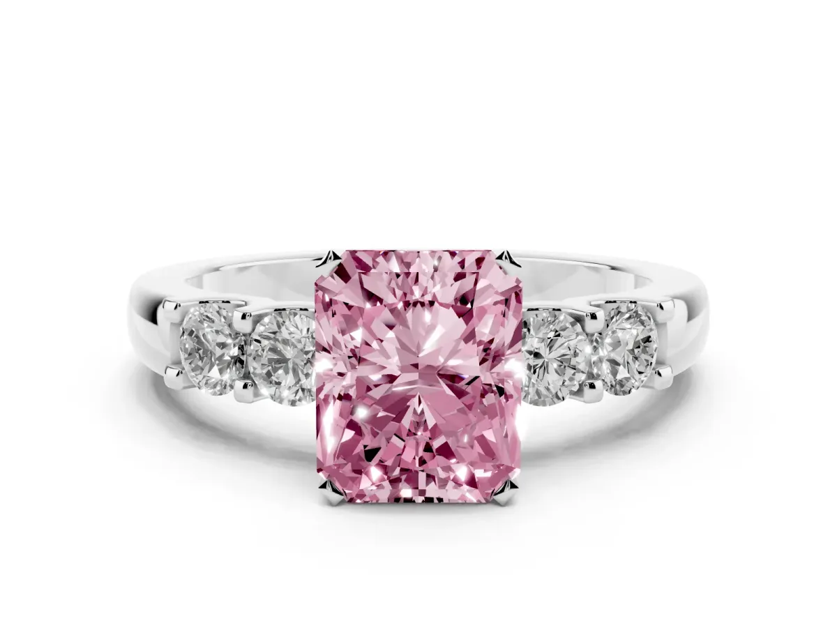 Fancy Pink Radiant Cut Brilliant Cut Diamond Five-Stone Prong Set Engagement Ring with Channel Band White gold