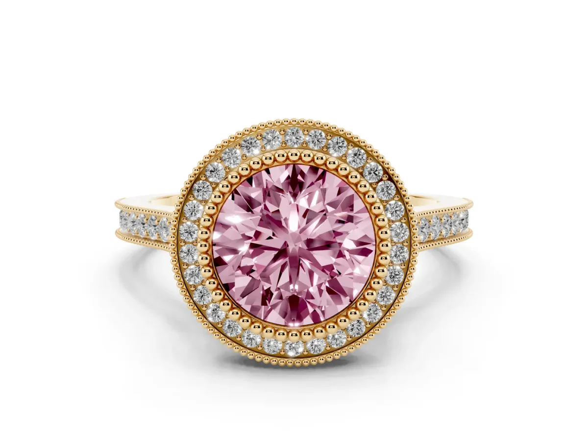 Fancy Pink Round Cut Diamond Halo Ring with Milgrain Frame and Pavé Band Yellow gold