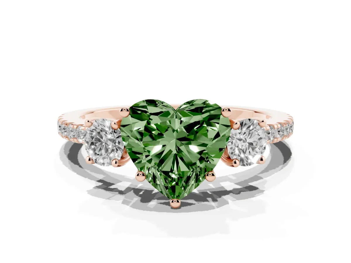 Fancy Green Three-Stone Heart Cut Cut Diamond Pavé Band with Prong Setting Rose gold