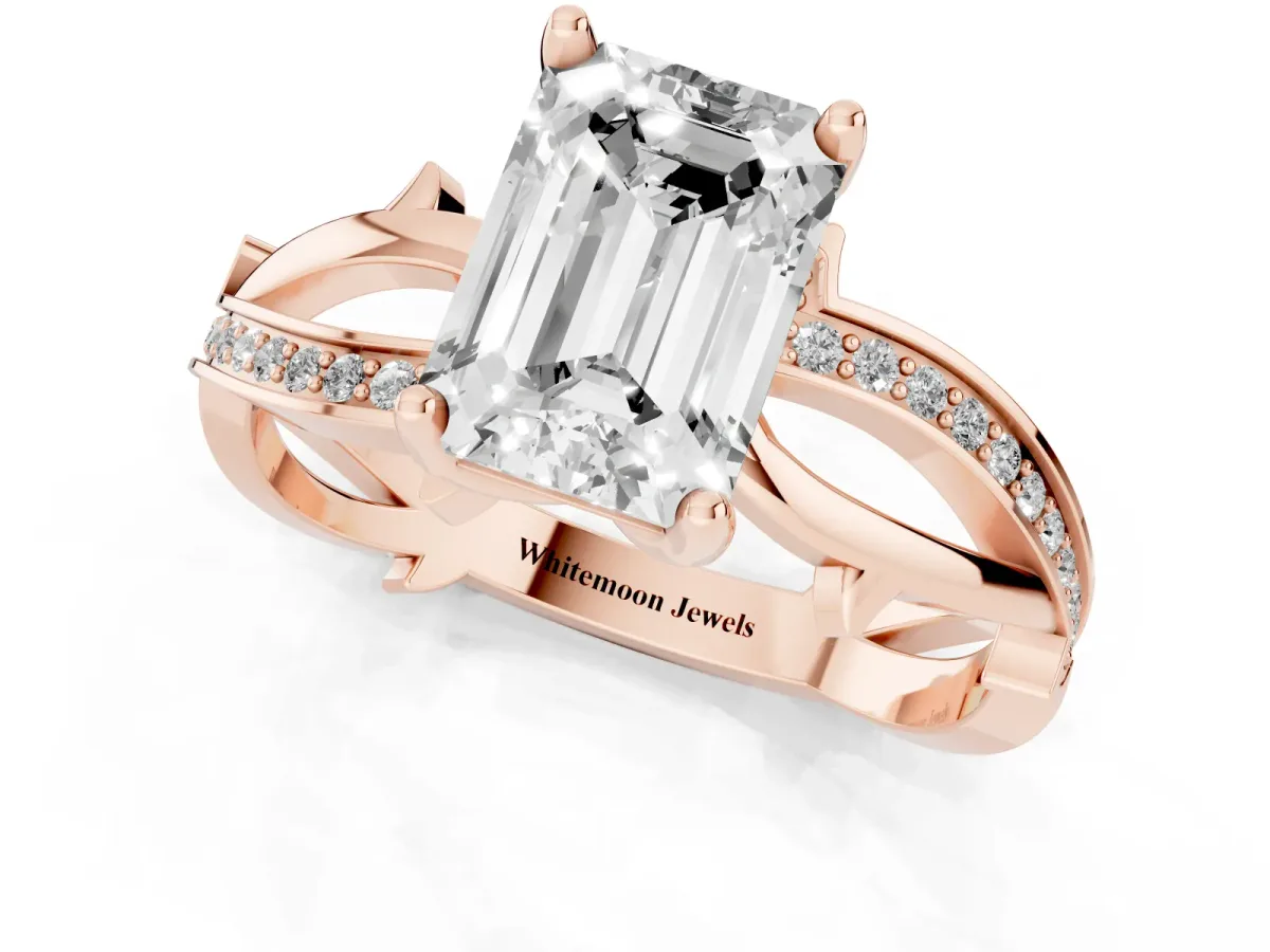 Emerald Cut Solitaire Twist Band with Pavé Accents and Four-Prong Setting Rose gold