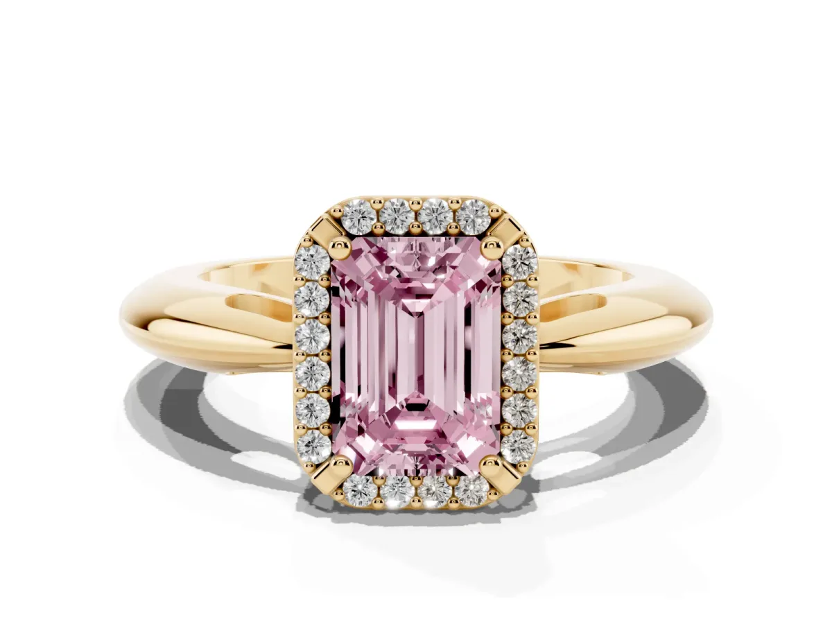 Fancy Pink Emerald Cut Cut Diamond Halo Engagement Ring with Split Shank and Four-Prong Setting Yellow gold