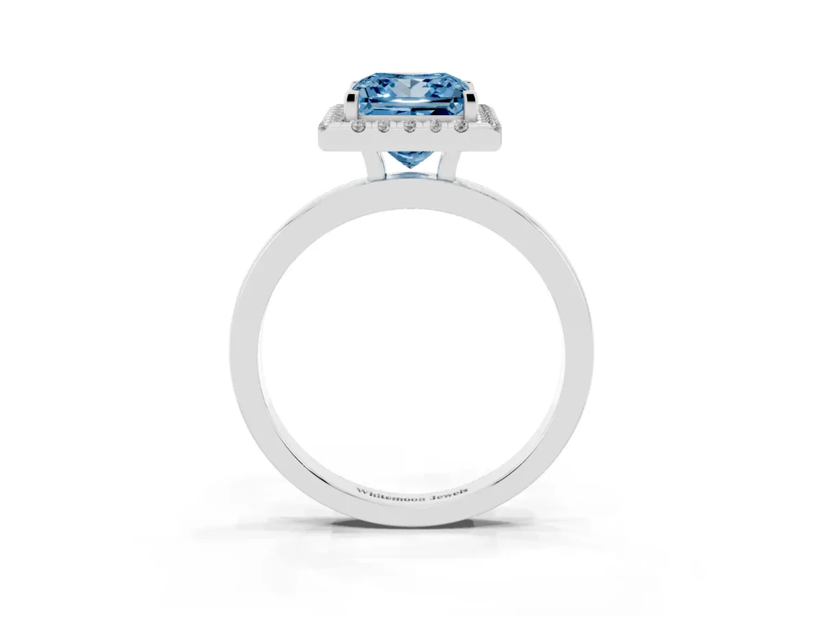 Fancy Blue Princess Cut Halo Diamond Solitaire with Pavé Band and Four-Prong Setting White gold