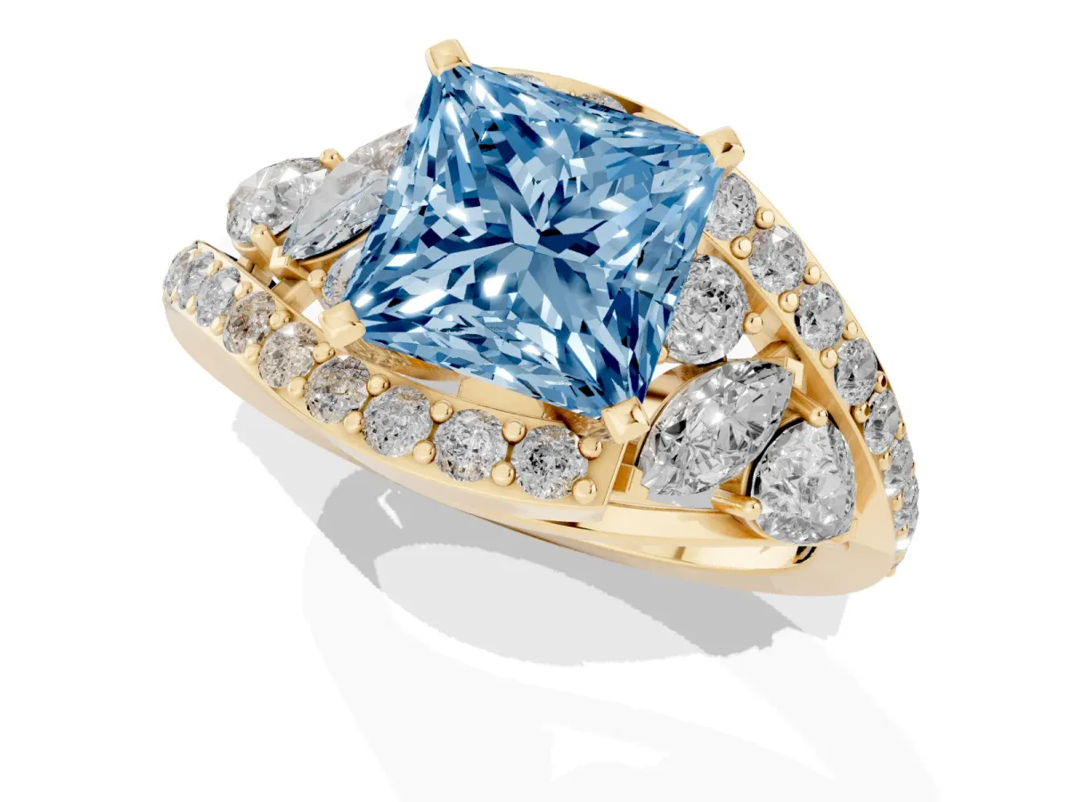 Fancy Blue Princess Cut Diamond Halo Ring with Marquise and Pavé Band in Prong Setting Yellow gold