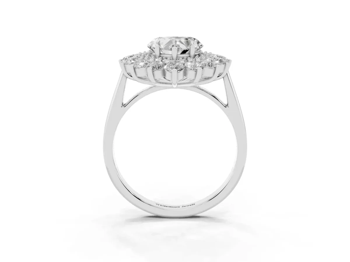 Heart Cut Diamond Floral Double Halo Engagement Ring with Prong Setting Silver