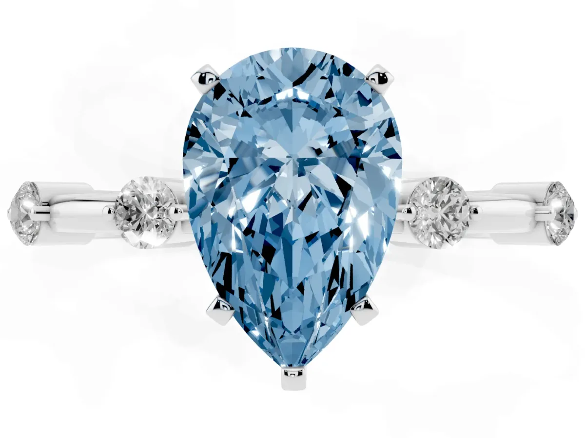 Fancy Blue Pear Cut Solitaire Diamond Ring with Bezel Set Side Stones and Prong Setting Platinum
