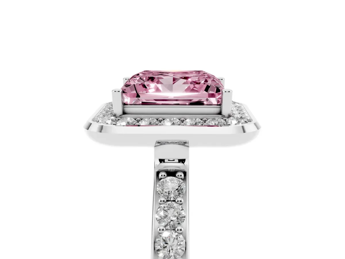 Fancy Pink Princess Cut Diamond Halo Ring with Bezel Frame and Pavé Band Platinum