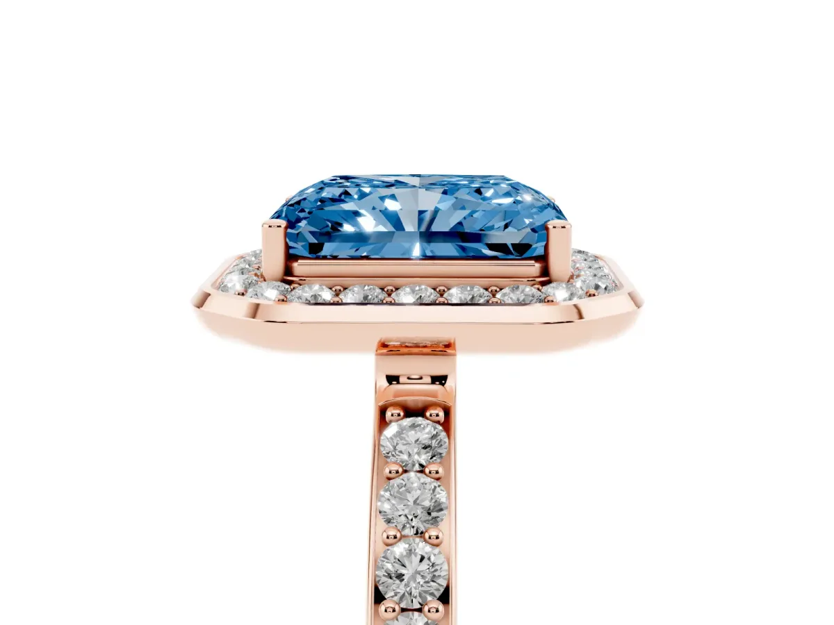 Fancy Blue Radiant Cut Diamond Halo Ring with Bezel Frame and Pavé Band Rose gold