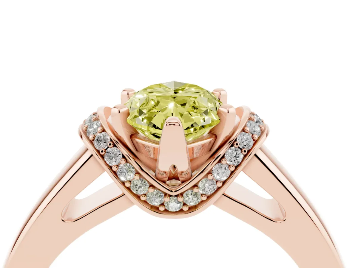 Fancy Yellow Marquise Cut Solitaire Diamond Ring with Pave Band and Six-Prong Setting Rose gold