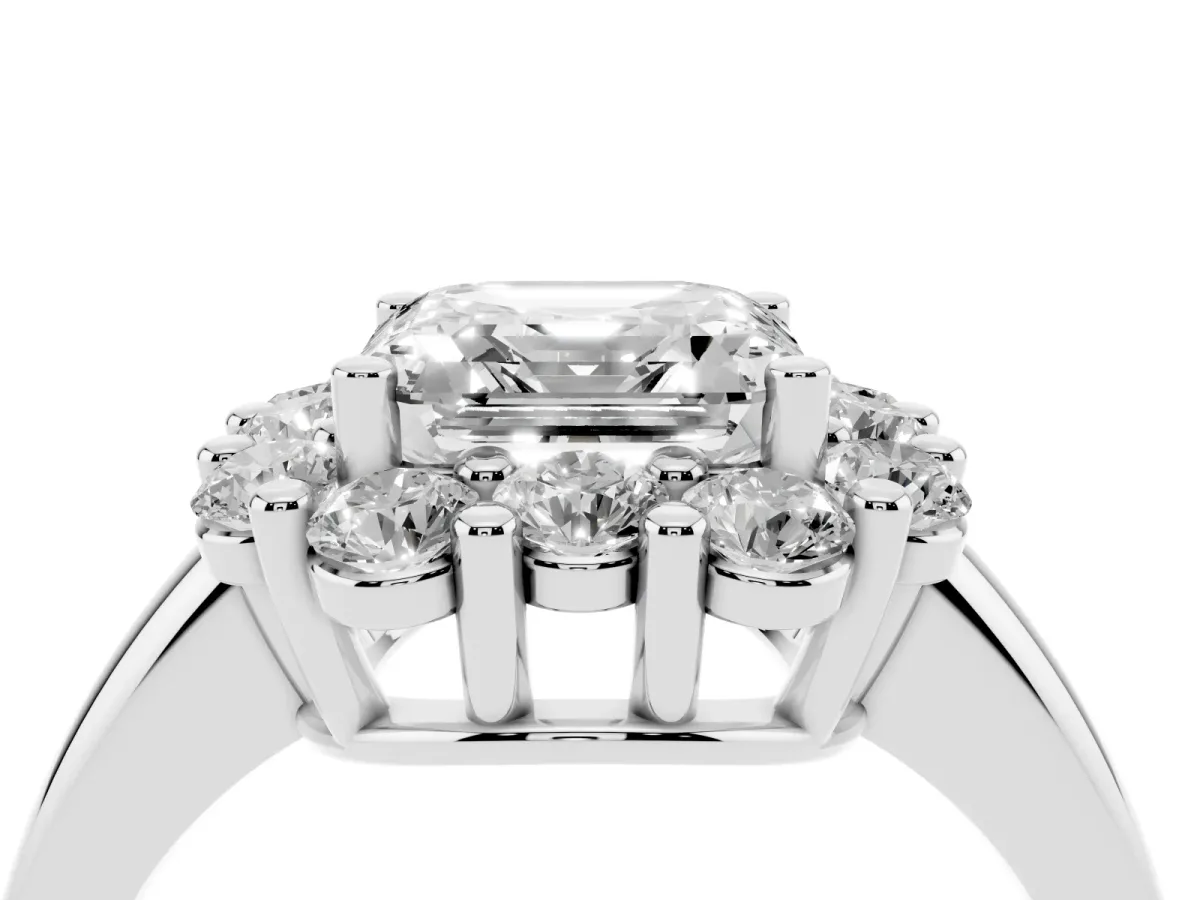 Asscher Cut Halo Cluster Diamond Engagement Ring with Prong Setting and Polished Band White gold