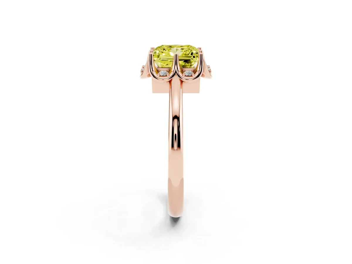 Fancy Yellow Princess Cut Halo Diamond Ring with Round Cluster Setting, Solitaire Band, and Four-Prong Setting Rose gold