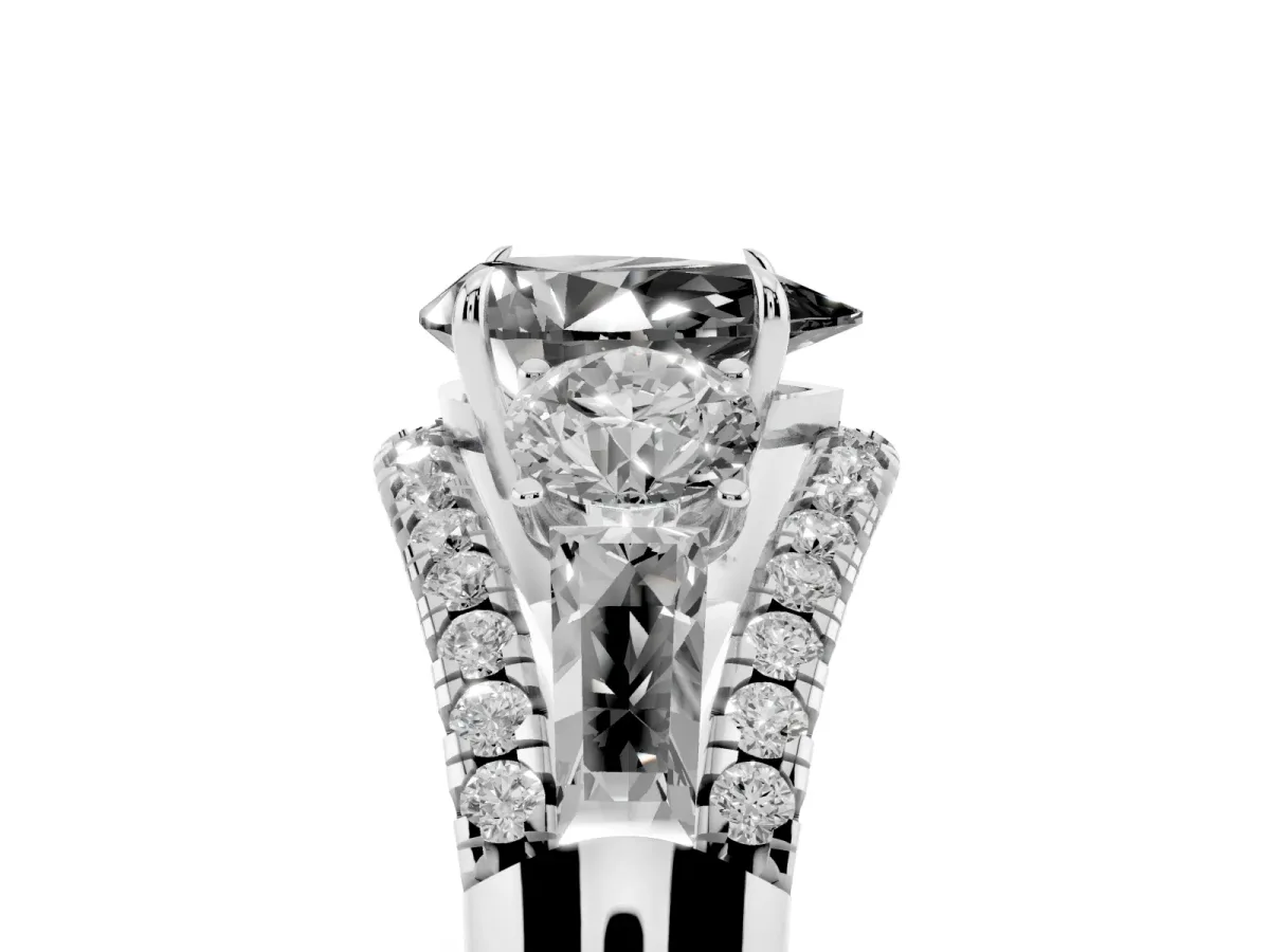 Fancy Black Three-Stone Pear Cut Diamond Engagement Ring with Pave Band and Prong Setting Silver