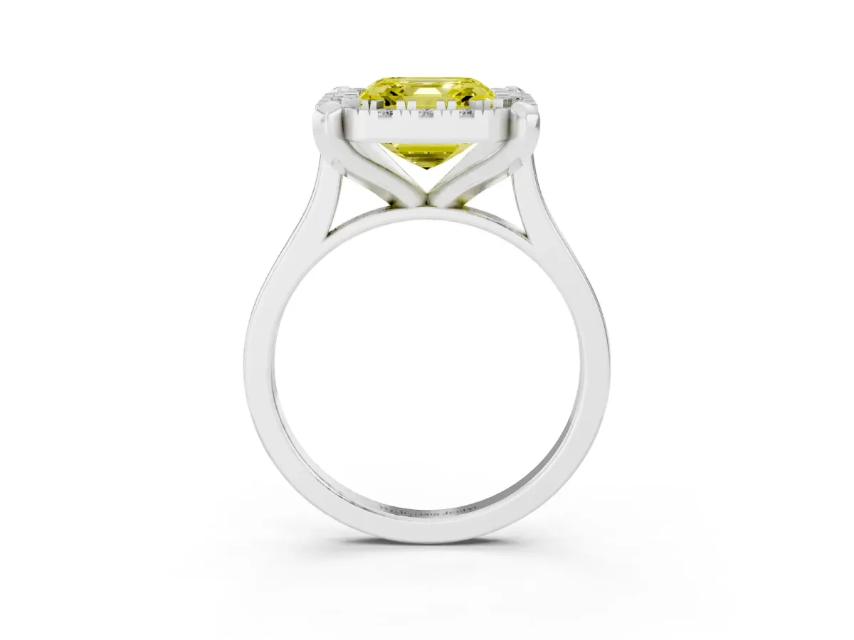 Fancy Yellow Asscher Cut Diamond Cluster Halo Solitaire with Four-Prong Setting Silver