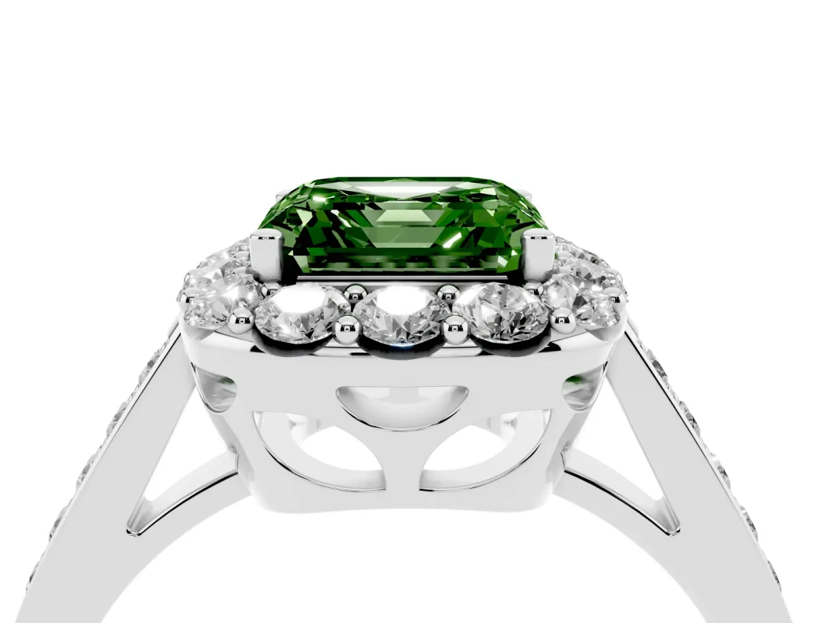 Fancy Green Asscher Cut Diamond Floral Halo Ring with Pavé Band and Prong Setting White gold