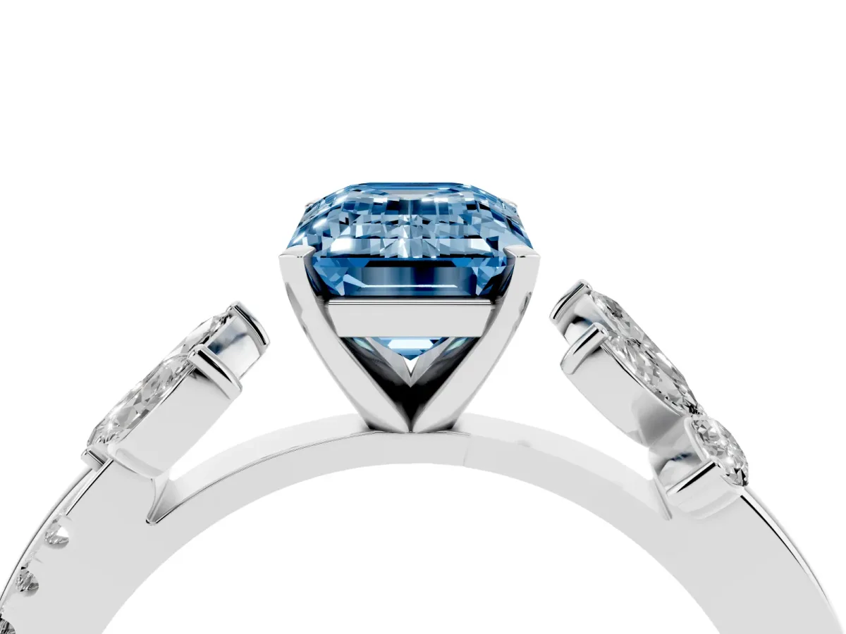 Fancy Blue Emerald Cut Diamond Floral Vine Solitaire Engagement Ring Platinum