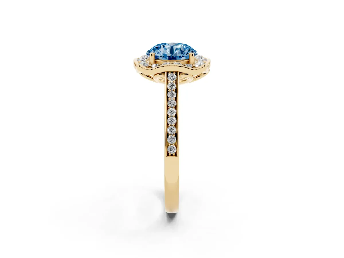 Fancy Blue Round Cut Halo Round Diamond Pave Band with Four-Prong Setting Yellow gold