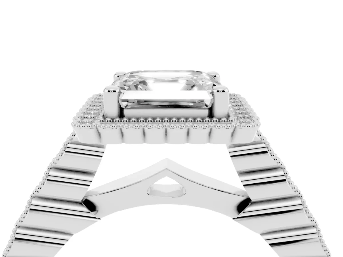 Asscher Cut Cut Halo Pavé Solitaire Ring with Milgrain Band Silver