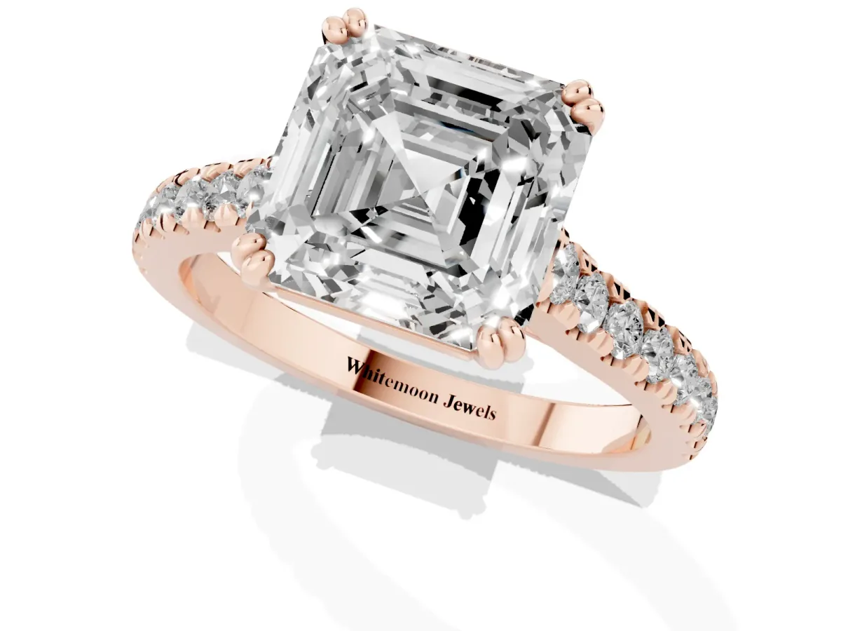 Asscher Cut Solitaire Pave Diamond Engagement Ring with Prong Setting Rose gold