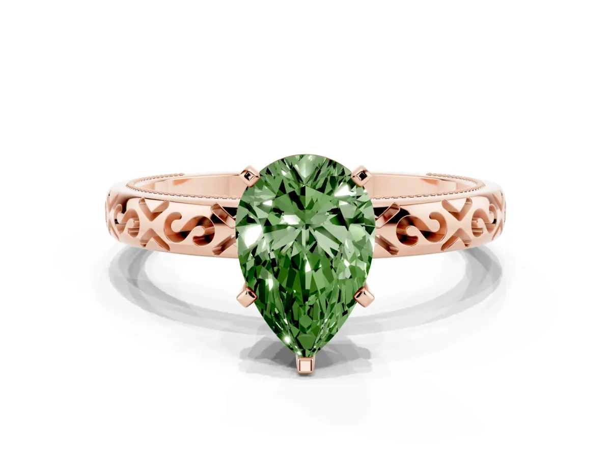 Fancy Green Pear Cut Solitaire Engagement Ring with Scrollwork Band and Four-Prong Setting Rose gold
