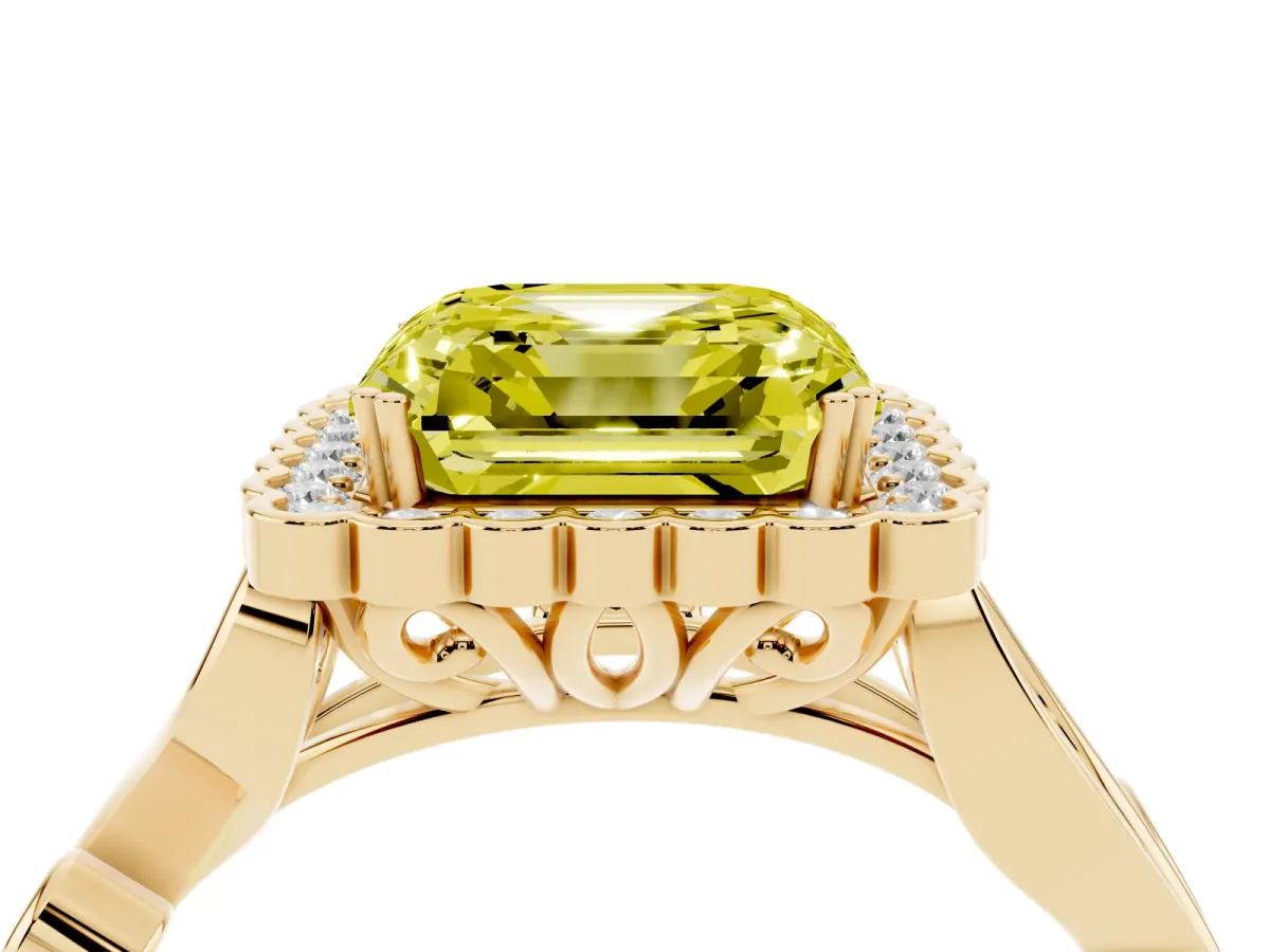 Fancy Yellow Asscher Cut Diamond Halo Ring with Vintage Split Shank and Four-Prong Setting Yellow gold