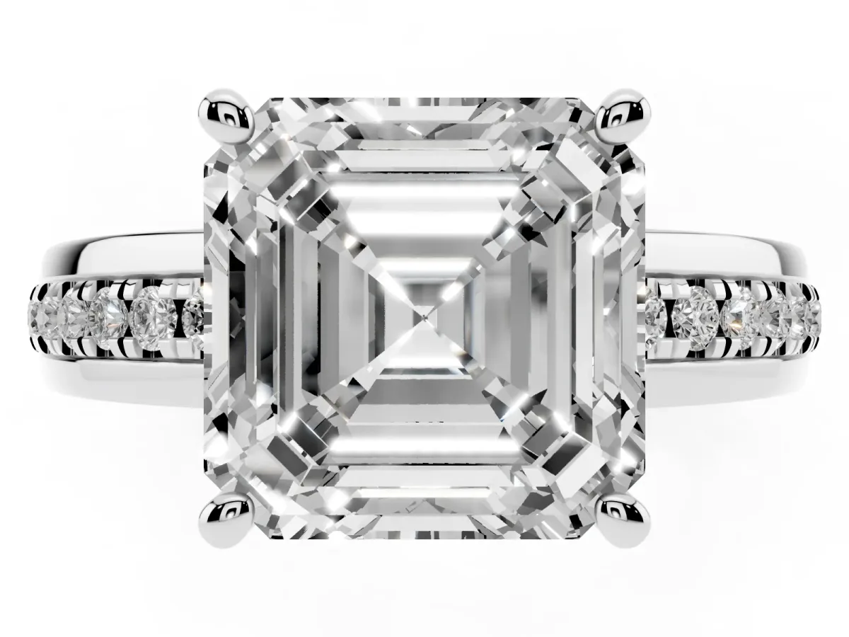Asscher Cut Solitaire Diamond Ring with Channel Set Band and Six-Prong Setting Silver