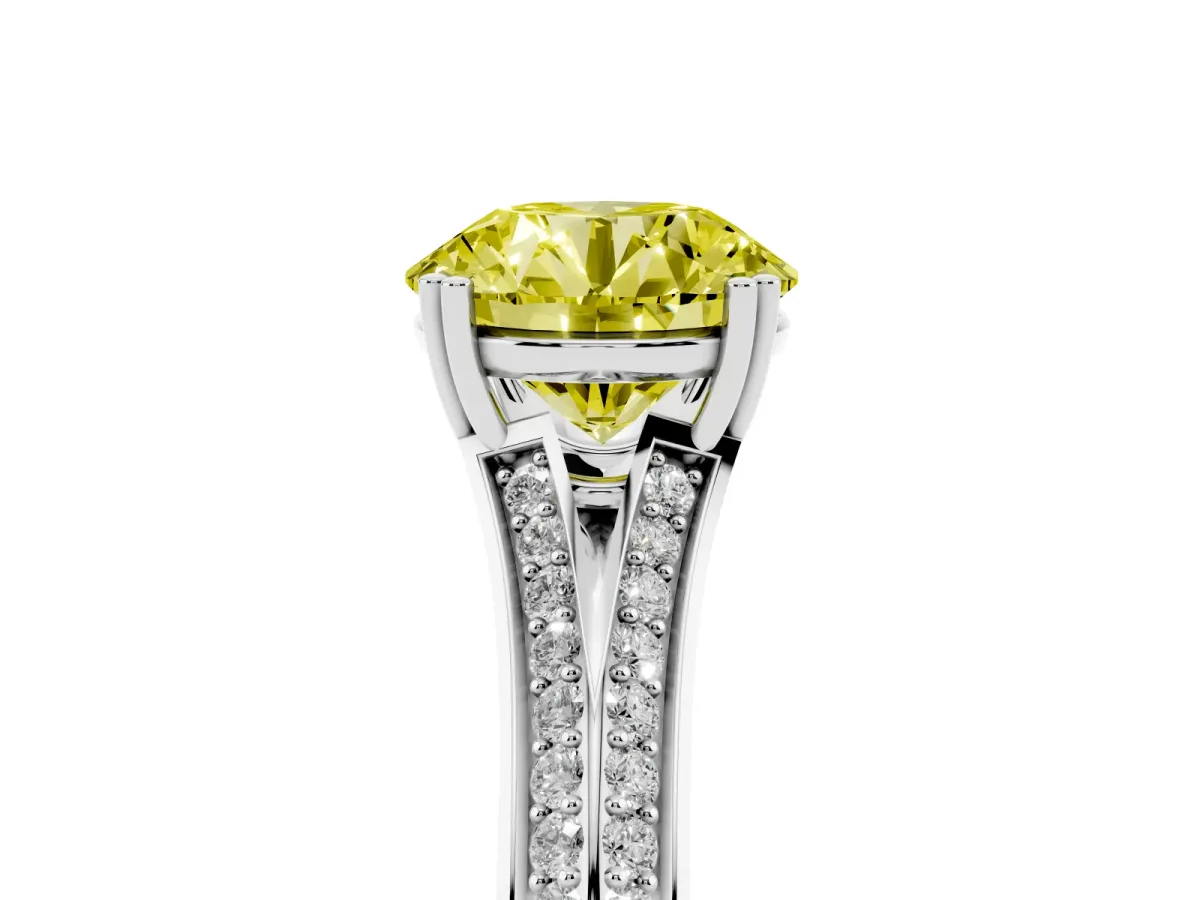 Fancy Yellow Round Cut Diamond Split Shank Engagement Ring with Pavé Band Silver