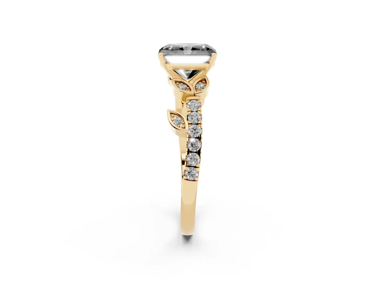 Fancy Black Radiant Cut Solitaire Leaf-Inspired Diamond Ring with Pavé Band and Four-Prong Setting Yellow gold