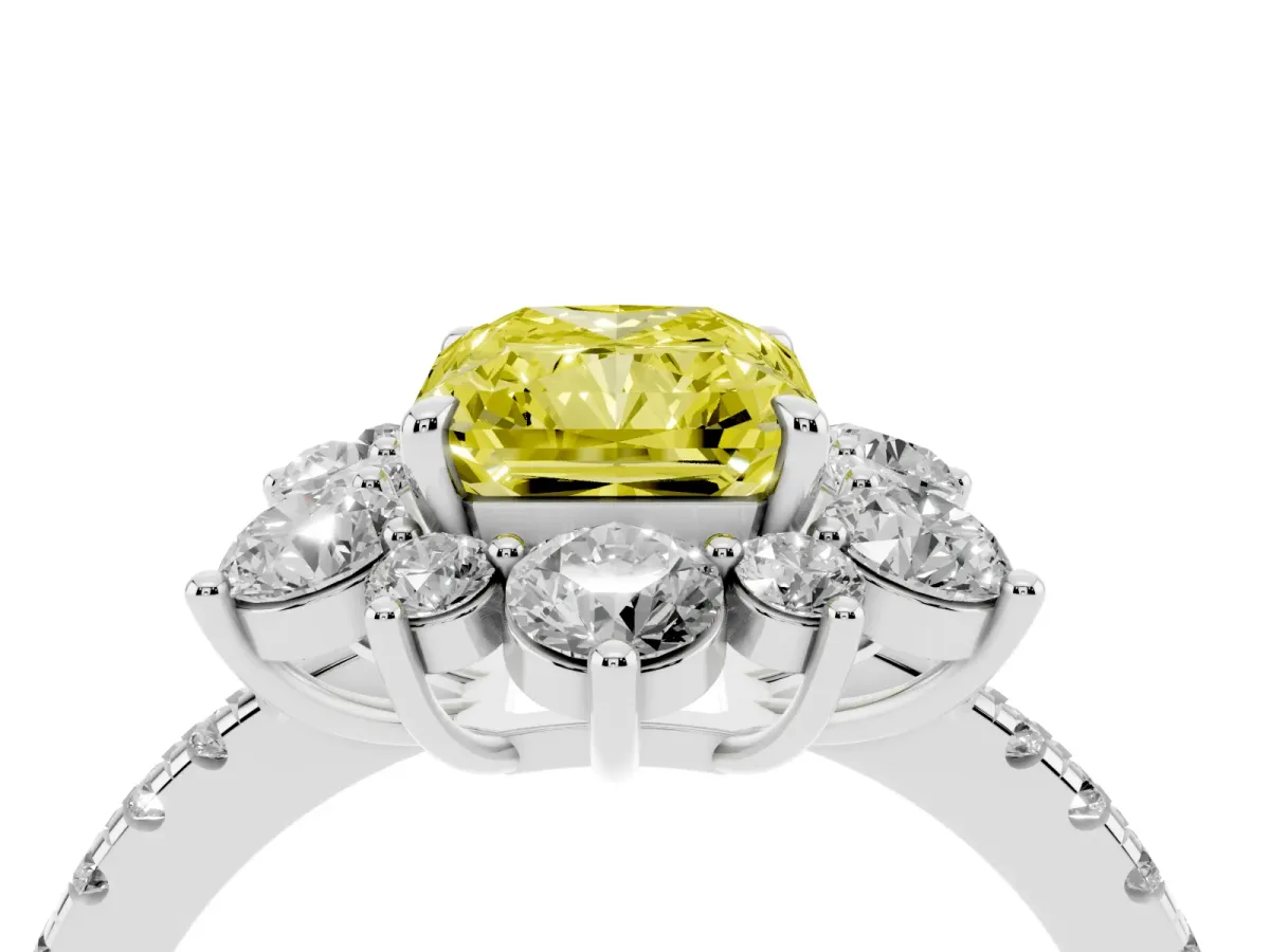 Fancy Yellow Radiant Cut Diamond Floral Halo Ring with Round Pavé Band and Prong Setting Platinum