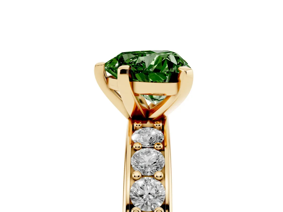 Fancy Green Heart Cut Diamond Engagement Ring with Channel Set Round Band and Prong Setting Yellow gold