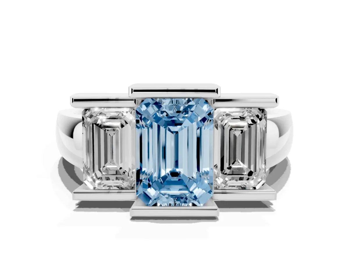Fancy Blue Three Stone Emerald Cut Cut Channel Set Diamond Ring Silver