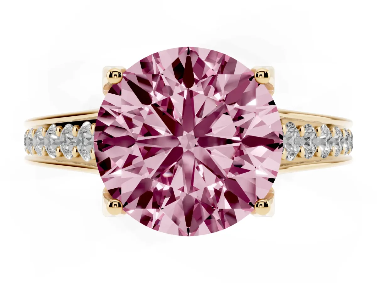 Fancy Pink Round Cut Brilliant Cut Diamond Engagement Ring with Pavé Band and Four-Prong Setting Yellow gold