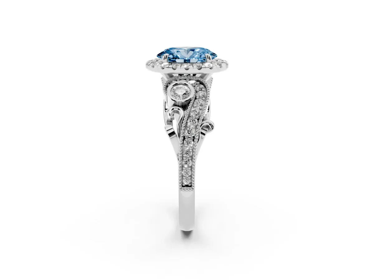 Fancy Blue Oval Cut Halo Diamond Ring with Milgrain and Bezel Accents on a Split Shank Band White gold