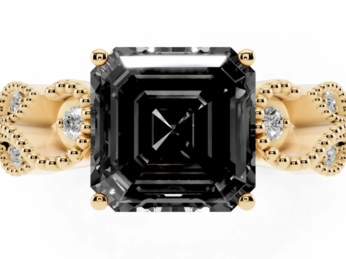Fancy Black Asscher Cut Solitaire Milgrain Leaf Band with Prong Setting Yellow gold