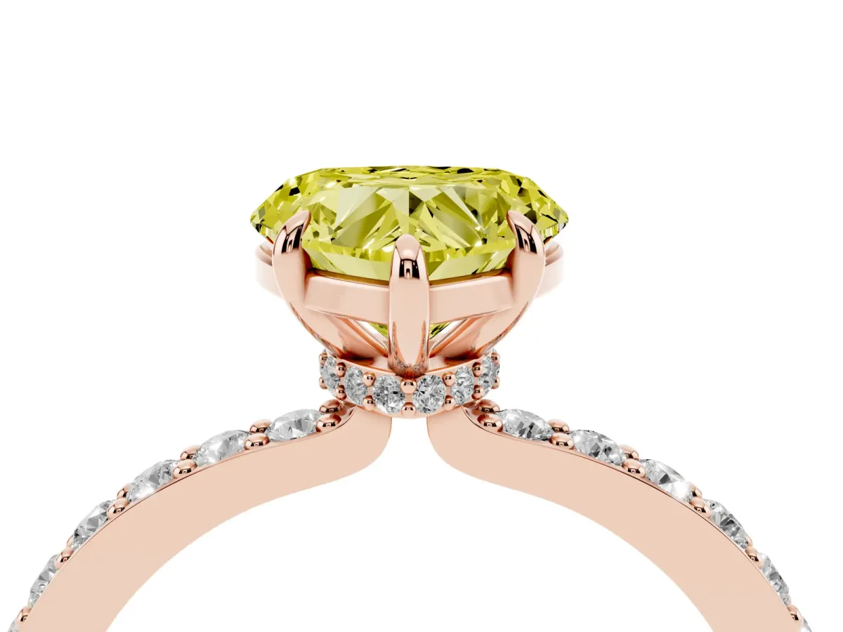 Fancy Yellow Heart Cut Diamond Pavé Engagement Ring with Round Accents and Prong Setting Rose gold