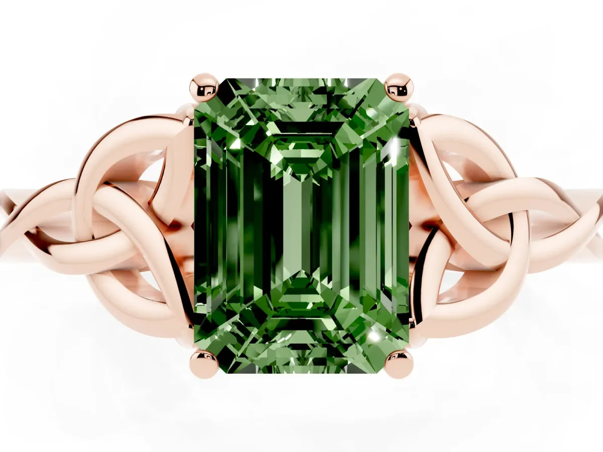 Fancy Green Emerald Cut Diamond Solitaire Engagement Ring with Celtic Knot Band and Four-Prong Setting Rose gold