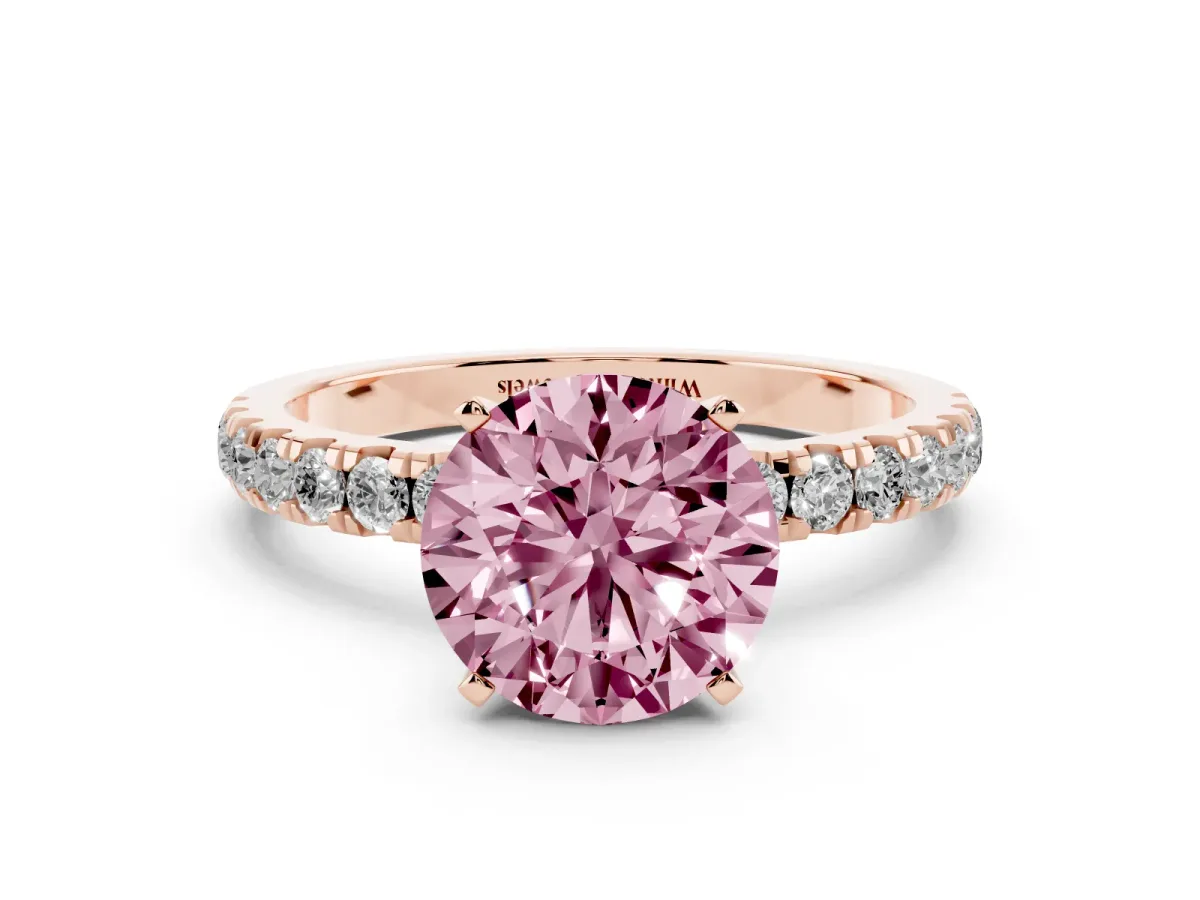 Fancy Pink Round Cut Diamond Solitaire Ring with Pavé Accents and Four-Prong Setting Rose gold
