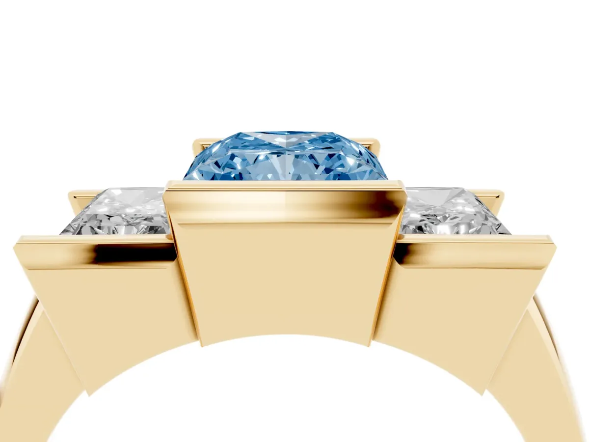 Fancy Blue Three Stone Radiant Cut Cut Channel Set Diamond Ring Yellow gold