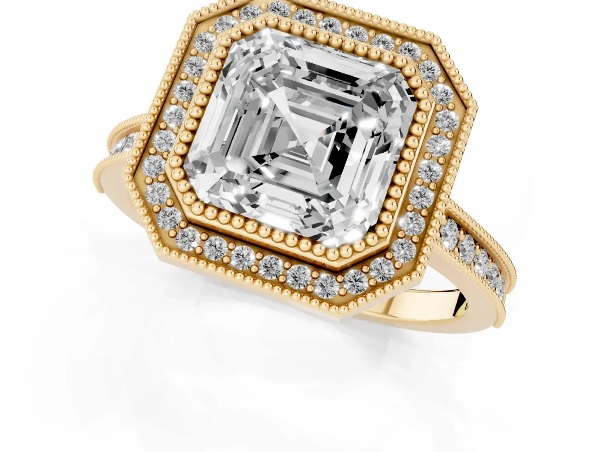 Halo Asscher Cut-Cut Diamond Pave Band Milgrain Prong Setting Ring Yellow gold