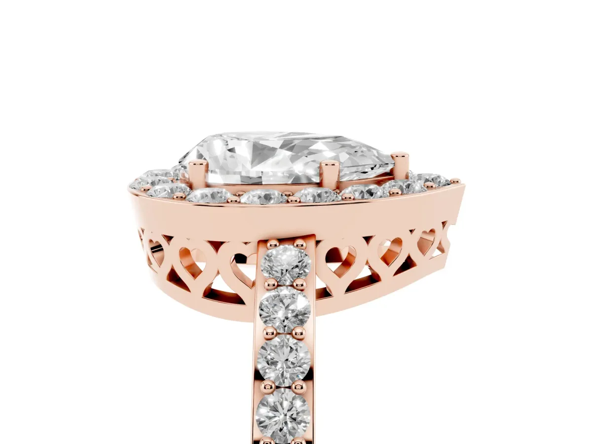 Pear Cut Halo Diamond Pavé Band Ring with Prong Setting Rose gold